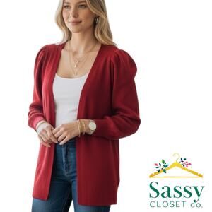 Cabi Red Ribbed Belted Cardigan V Neck Puff Sleeve 100% Cotton M EUC